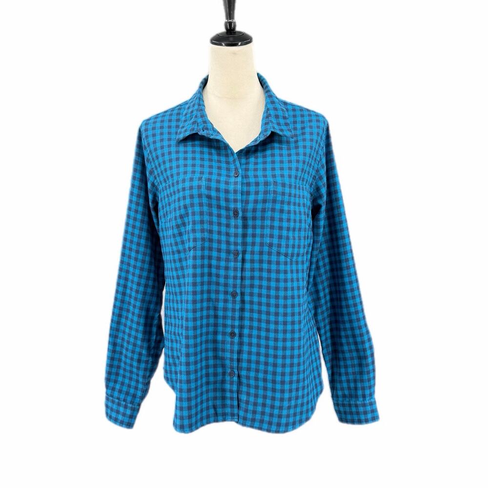 Toad & Co Blue Navy Gingham Check Classic Button Down Cabincore Casual Fall Top